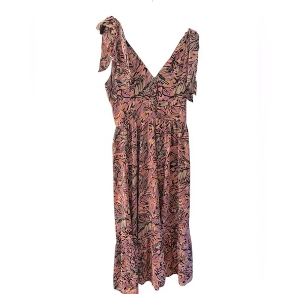 NWOT Molly Bracken Pink Palm Print Tie Sleeve Deep V-Neck Maxi Dress Size Small - Picture 13 of 14